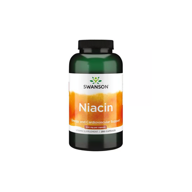 A bottle of Swanson Vitamin B-3 Niacin supplement featuring a green cap, with a label that states